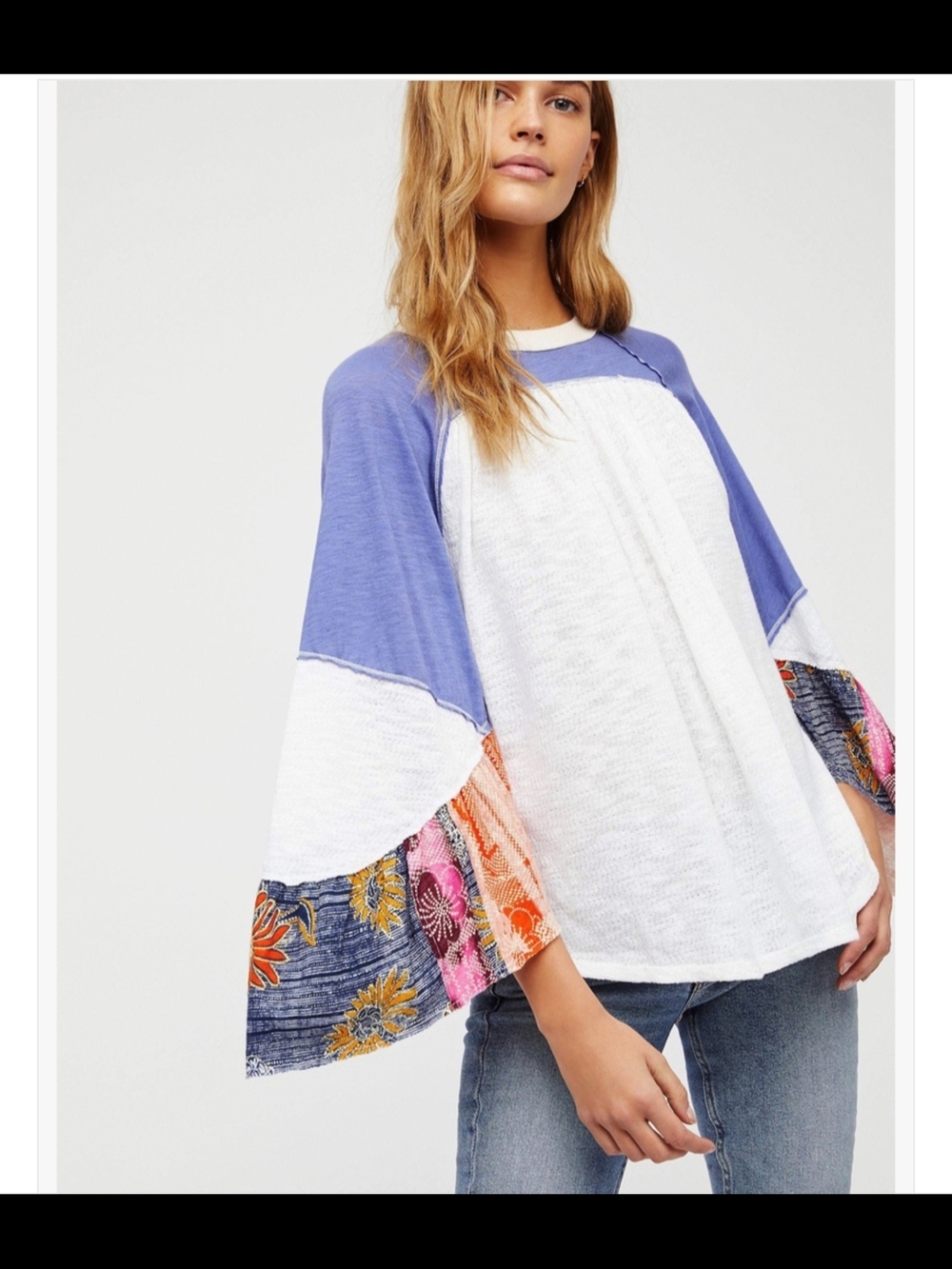 Free People White and Lavender Patchwork Bell Sleeve Tunic